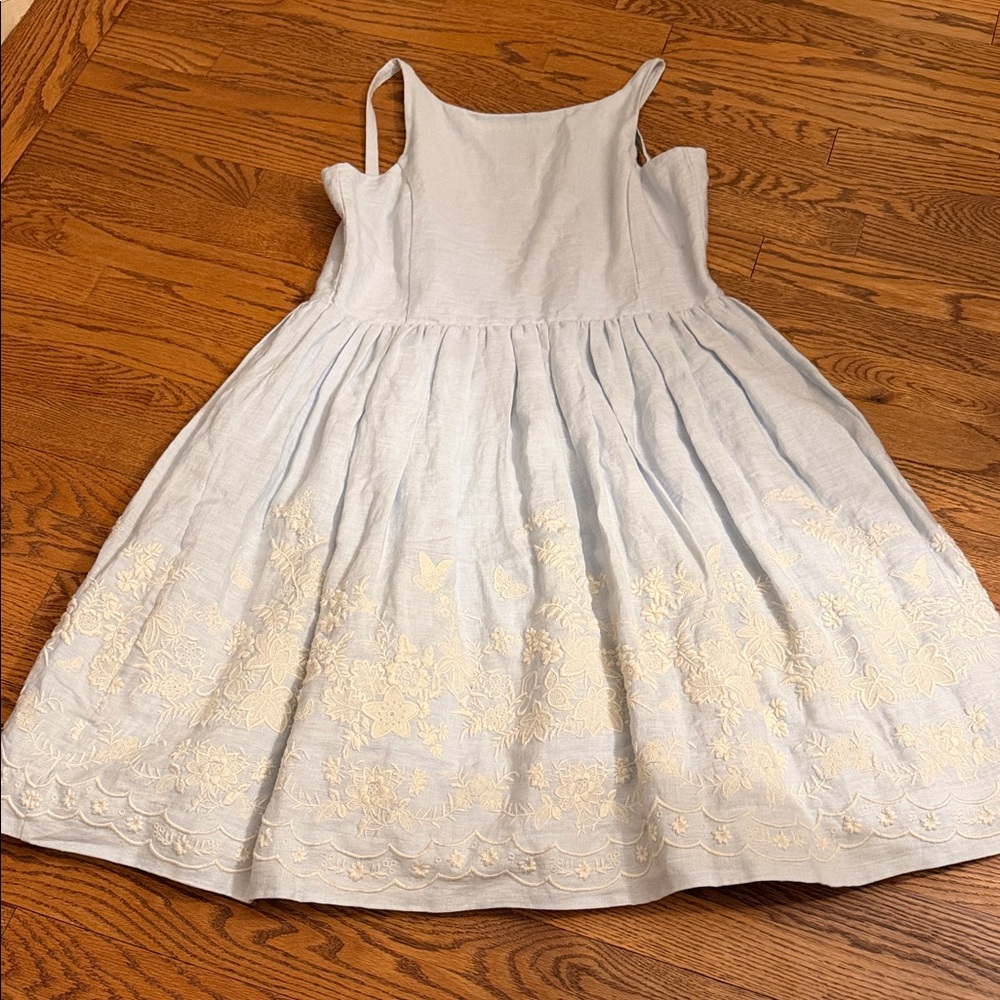 Ralph Lauren Elegant Linen Baby Blue Embroidered Floral girls Dress size 16
